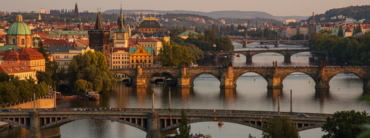 Panoramic view on Prague’s Charles Bridge over the Vltava River at sunset.