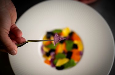 A close-up of an ingredient from one of the five-course Serbian tasting menu served at the Square restaurant in Belgrade, Serbia.