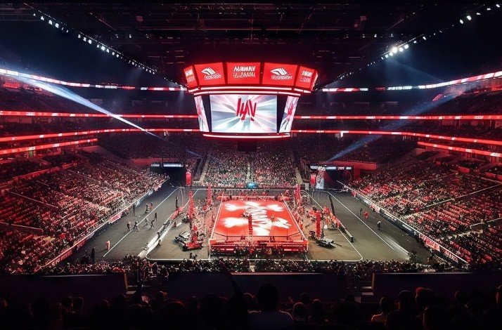 Dive into the action-packed world of lucha libre in Mexico City: In Mexico City, Mexico A packed wrestling arena illuminated with vibrant lights and a central ring