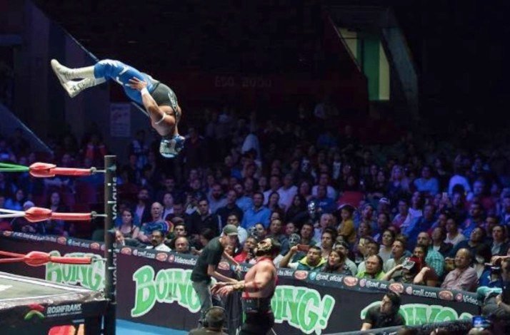 Dive into the action-packed world of lucha libre in Mexico City: In Mexico City, Mexico A wrestler performing an aerial flip during a match, thrilling the audience