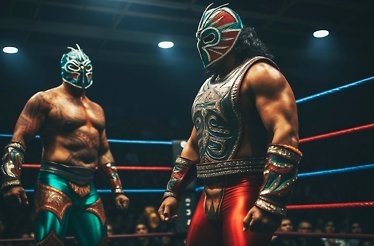 Two masked wrestlers in colorful attire inside a wrestling ring