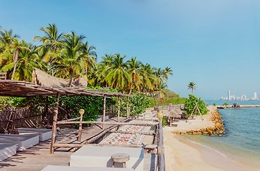 A tropical beach within Hotel Éteka, showcases it's wooden walkway, palm trees, seating areas and light-colored beach sandy area.