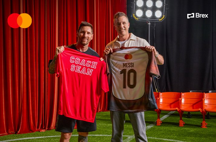 Lionel Messi during a surprise jersey swap campaign with a fan. Mastercard logo at the top left corner. Brex logo at the top right corner.