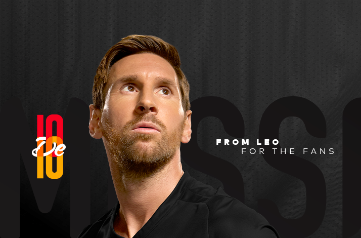 Lionel Messi looking up. Text on the right side of the image 'From Leo for the fans'.