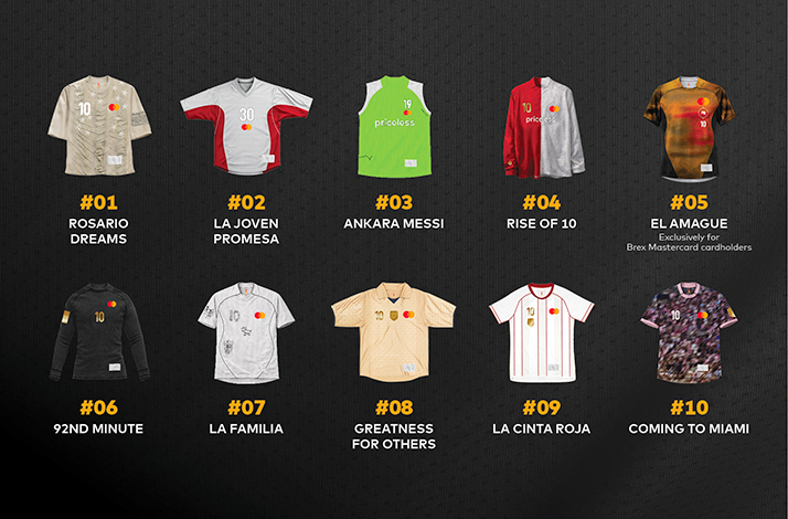 Fronts of 10 jerseys representing 10 chapters of Messi's life.