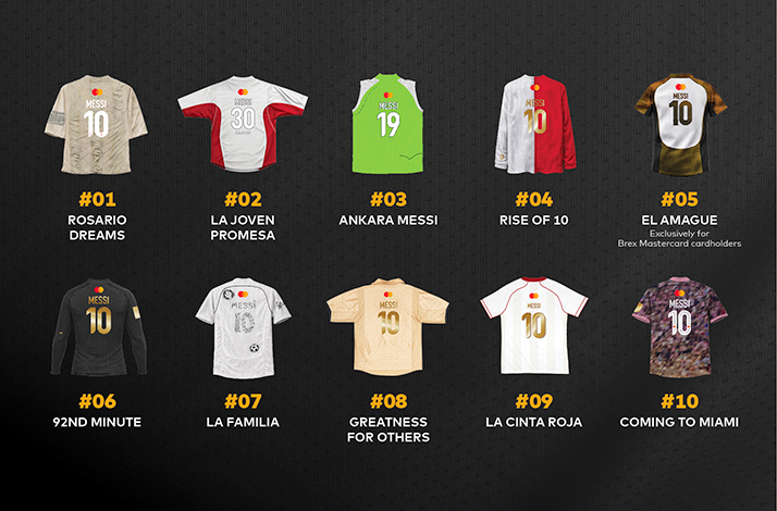 Backs of 10 jerseys representing 10 chapters of Messi's life.