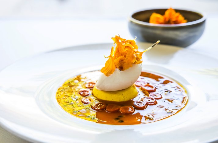 Gourmet dish with a quenelle of mousse, orange garnish, and sauce, served at the Michelin Bib Gourmand restaurant during the five-course dinner.