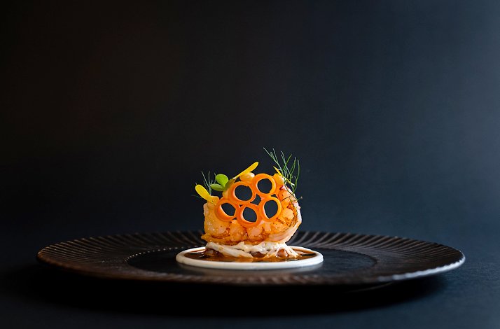 Haute cuisine dish on the white plate served at  't Lansink restaurant