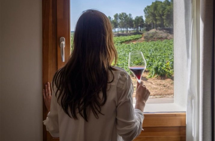 A lady enjoying a glass of red wine while admiring a scenic vineyard view through a window at Luxury Enoresort in Valencia