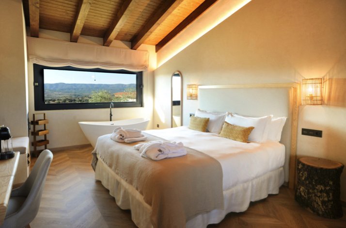 Sunlit suite at Habitat Cigueña Negra with king bed, exposed wood beams, freestanding bath, and valley views.