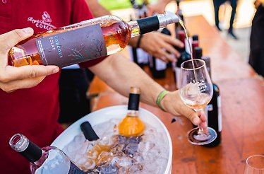 A person is pouring Corcova wine from a bottle into a wine glass at Corcova Roy & Dâmboviceanu