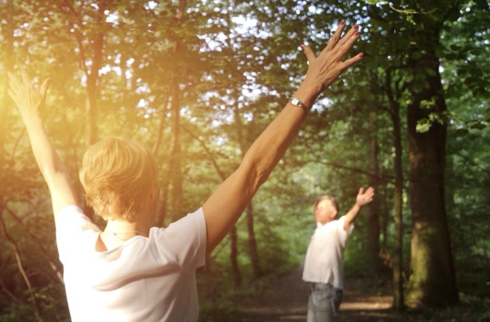 Two people in a forest lifting their arms toward the sunlight during a forest bathing session.