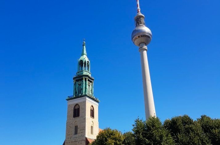 Skyline with towers of St. Mary's Church and Berlin Television.