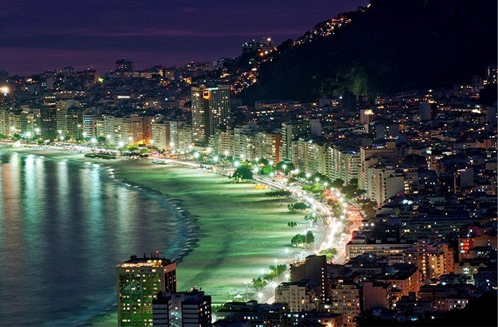 Bird's eye view of Copacabana Beach at night.