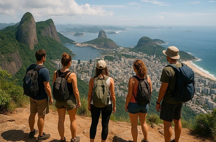 Hikers admire Rio's stunning skyline, beaches, and iconic mountains from Morro Dois Irmãos.