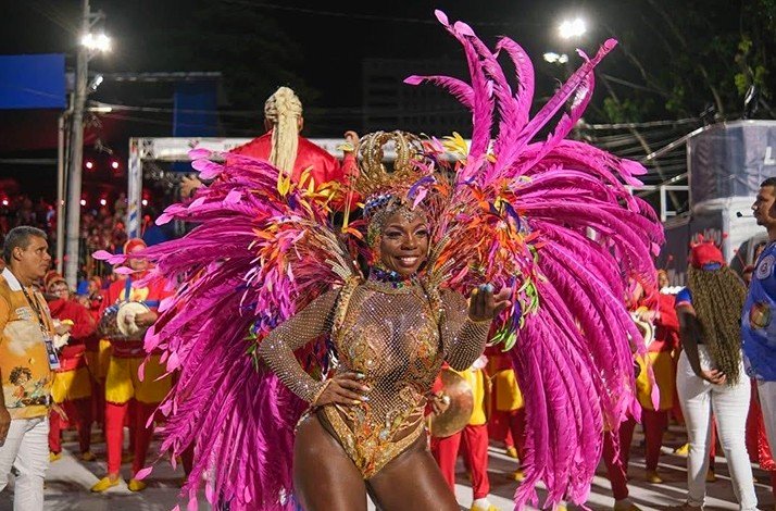 A person in Carnival costume, adorned with pink feathers and gold embellishments, stands out amidst a crowd of participants.