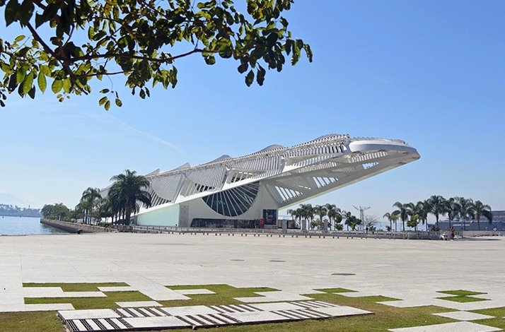 Museu do Amanhã in Rio de Janeiro, featuring its futuristic architecture and waterfront location.