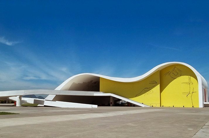 Exterior of the Niterói Contemporary Art Museum with its distinctive yellow wall and curved design.