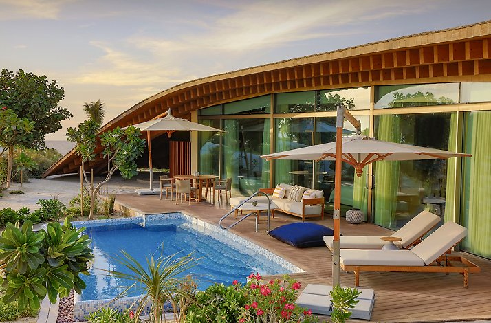 The exterior of a beach villa at Shebara Resort on the Red Sea 