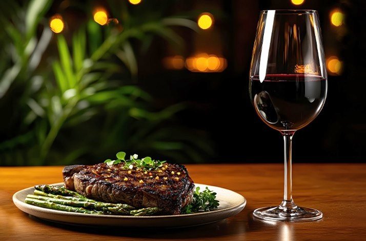 Steak, asparagus, and red wine at Casa Coupage, Buenos Aires.