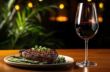 Steak, asparagus, and red wine at Casa Coupage, Buenos Aires.