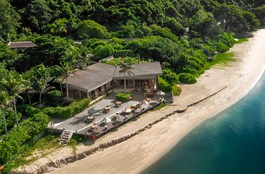 Bird-eye view at the beach restaurant by the sea, Six Senses Con Dao resort, Vietnam.