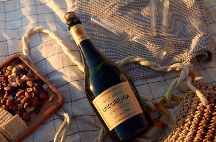 A sparkling wine bottle surrounded by snacks and glasses at a cozy picnic setup