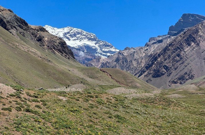 A panoramic view of the scenic scene at the Aconcagua mountains.