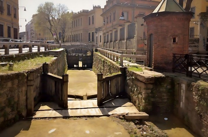 Leonardo da Vinci's Locks on Via San Marco in Milan, showcasing Renaissance engineering with stone canals and wooden gates.