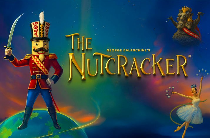 Illustrated poster of George Balanchine’s The Nutcracker with the Nutcracker, Sugar Plum Fairy, and Mouse King.