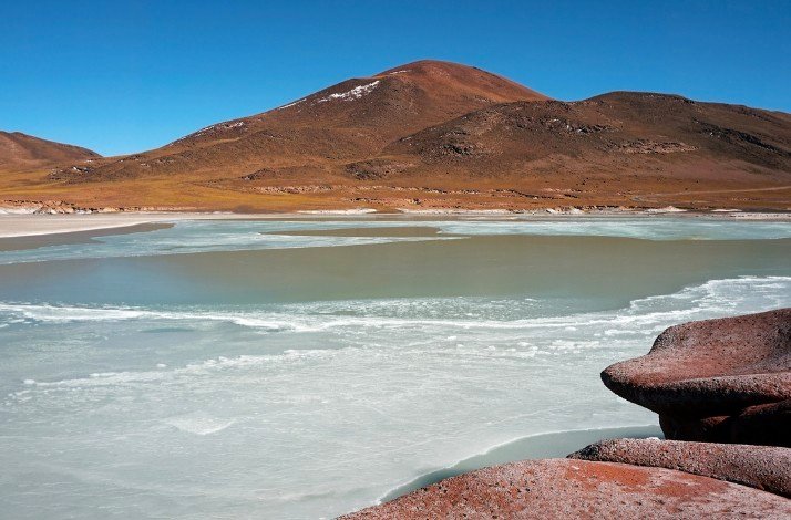 Red rocks and lagoons Piedras Rojas San Pedro de Atacama, Chile.