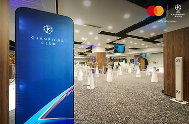 A stand of Champions Club at a hall room especially for hospitality package owners from UEFA champions league games.