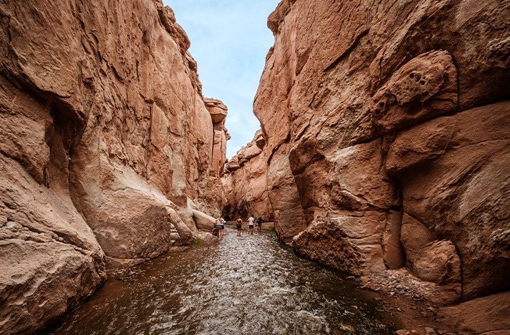A group of tourists walking through Rio Salado, San Pedro de Atacama, Antofagasta, Chile.