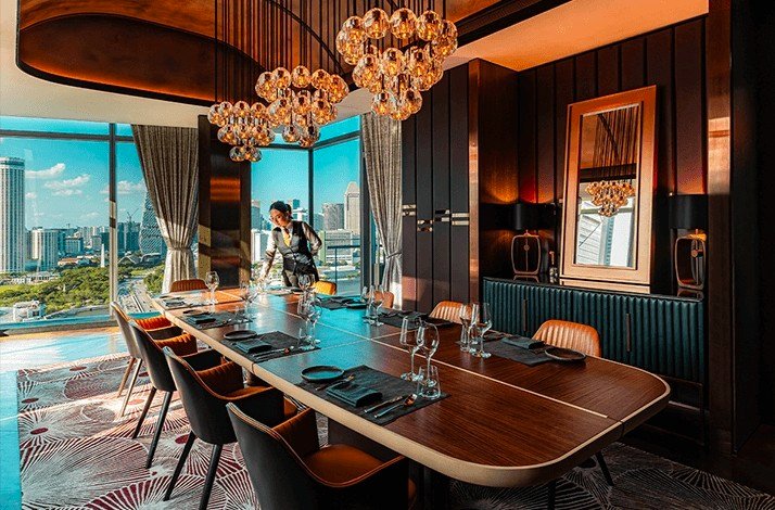 Private dining room at VUE restaurant with city skyline views.