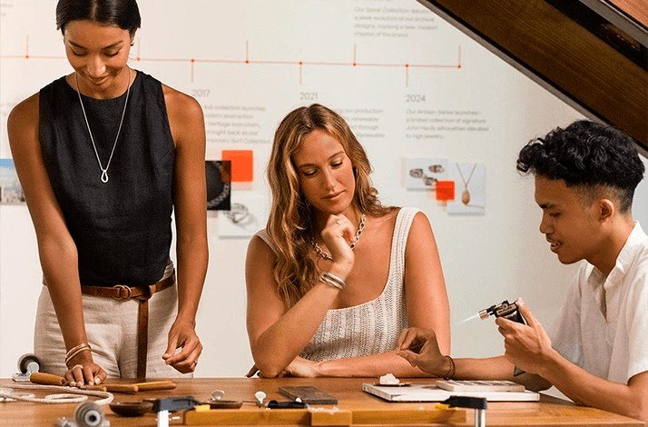 Jewellery-making session at John Hardy workshop in Bali with tools and materials on a table.