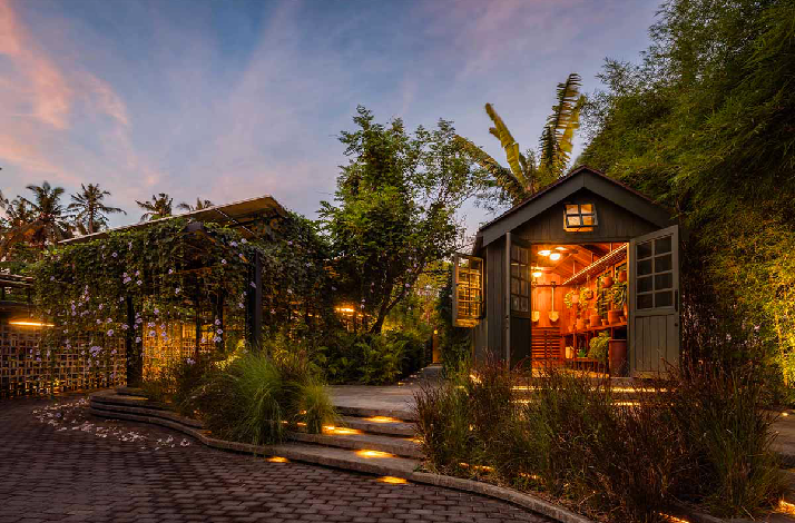 Entrance and botanical garden area of Locavore NXT, a progressive restaurant located in Ubud, Bali.