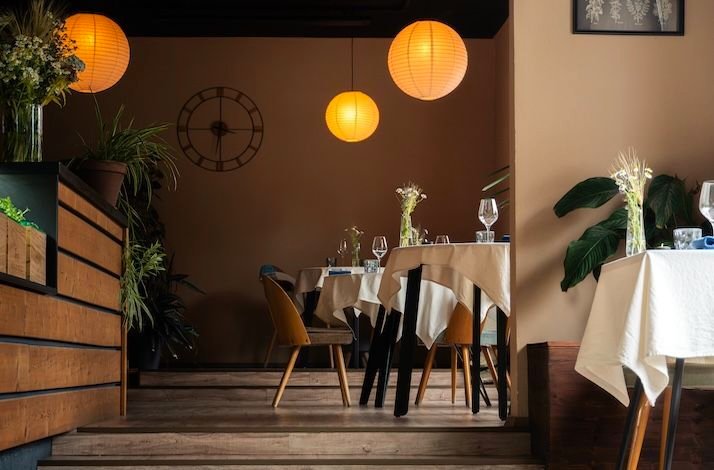 The dining room interior of LEAF restaurant.
