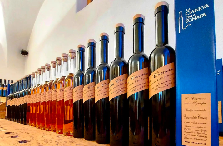 Row of elegant glass bottles of grappa with tan labels, displayed on a wooden shelf