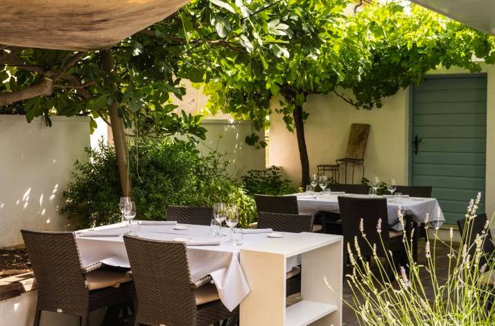 Outdoor eatery setting at Konoba Boba restaurant.