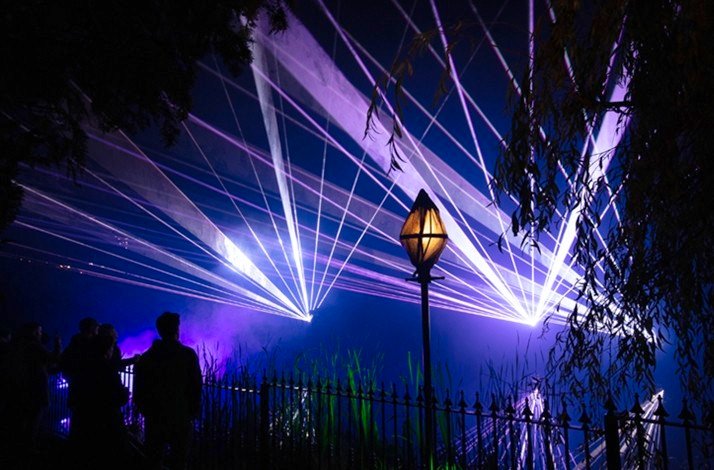 Laser lights in the sky at night at Wonderlights malahide, Dublin.