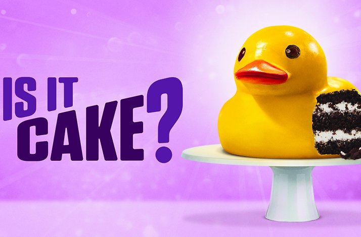 Is It Cake? title beside a yellow rubber duck with a slice cut out showing cake layers.