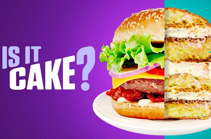 Is It Cake? title next to a half burger, half cake illusion on a white plate.