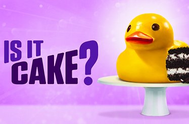 Is It Cake? title beside a yellow rubber duck with a slice cut out showing cake layers.