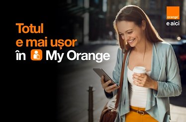 A smiling young lady holding a coffee and a smartphone. Orange Group logo is at the top right corner.