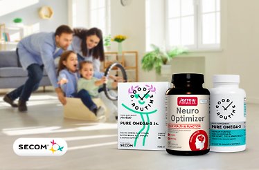 Promotional poster for Secom supplements and vitamins. There is two adults playing with two small children on the background.