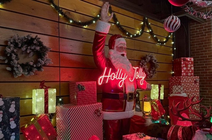 Toast to the start of the holiday season at Holly Jolly Bar: In New York, New York Statue of Santa Clause surrounded by presents at the Holly Jolly Bar.