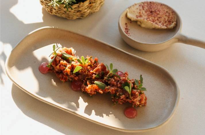 Gourmet dish of steak tartare garnished with microgreens and pink sauce dots, served on an oblong ceramic plate.
