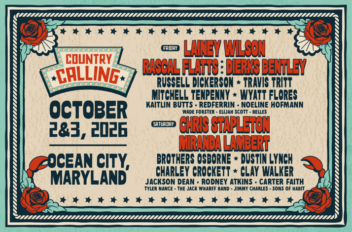 Artist lineup for 2026 Country Calling Music festival.