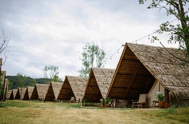 Big traditional wooden tents lined up in Wonderfruit's boutique camping area.