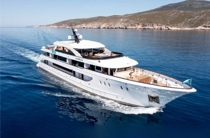 A large, luxurious white yacht, sailing through clear blue waters of Croatian Adriatic, with an island in the background.   